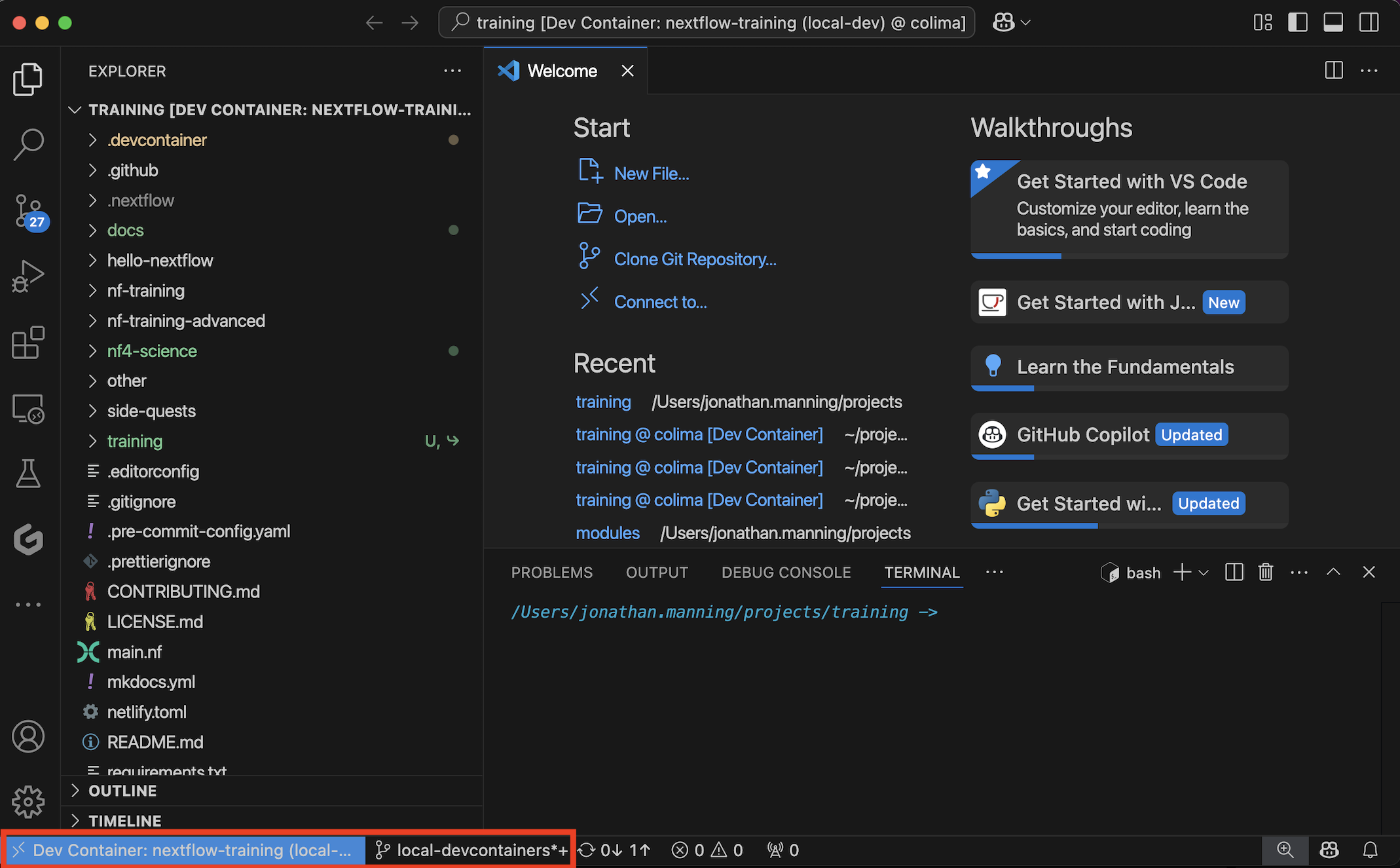 VS Code mit laufendem Devcontainer